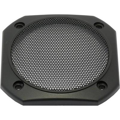 Black, octagonal speaker grille with a fine honeycomb pattern and four mounting holes in the corners.