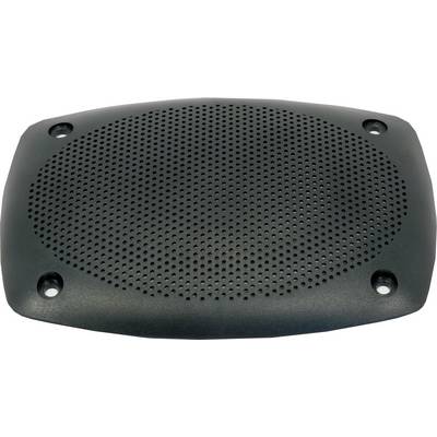 A rectangular black speaker grille with numerous holes, secured by four screws at the corners.