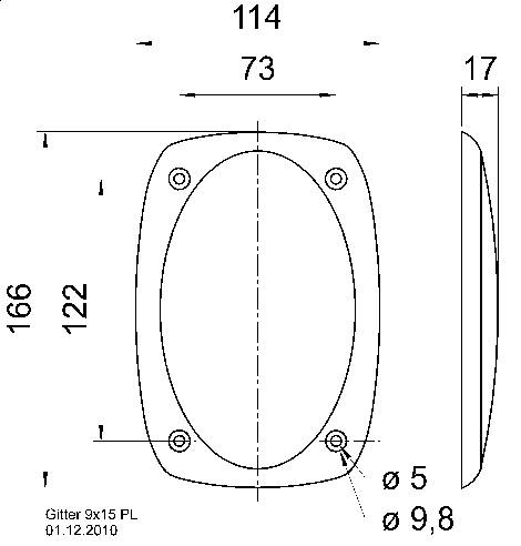Technical drawing of an oval grid with dimensions in millimetres: 166x122, total height 17, screw holes Ø 5. Date: 01.12.2010.