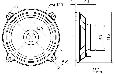 Technical drawing of a loudspeaker with dimensions. Front and side views provide details of the device's diameter and depth.
