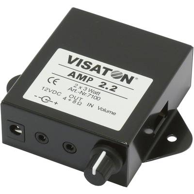 Black amplifier 'Visaton AMP 2.2' with rotary knob, label displaying model number and technical specifications, input/output connections.