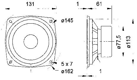 Technical drawing of a loudspeaker with dimensions in millimetres: Overall diameter 145, depth 61, mounting diameter 113.