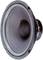 A large, round speaker with a visible membrane and black casing, viewed from an oblique front angle.