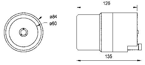 Technical drawing of a cylindrical component with side view and top view. Dimensions: Diameter 84 and 90, Length 135, Height 126.