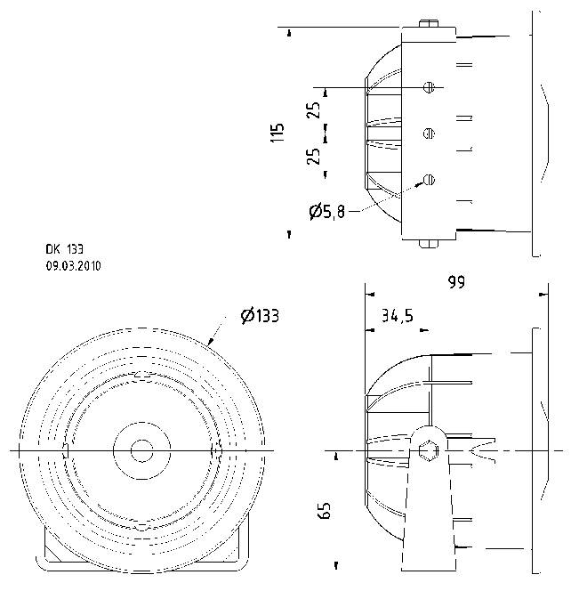 Technical drawing of a fan with marked dimensions: Diameter 133, Height 115, Width 99. Date: 09/03/2010.