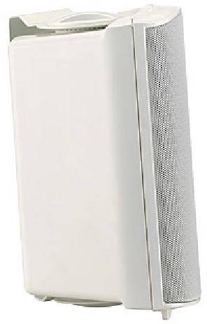 White speaker box with a slim design, vertically positioned. Front features a grille cover. Suitable for modern spaces.