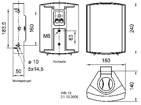 Technical drawing of a device with front, side, and top views. Dimensions are specified in millimetres. Details for assembly are clearly shown.