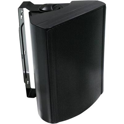 Black wall-mounted loudspeaker in rectangular shape, attached to a metal bracket, for use in indoor and outdoor sound systems.