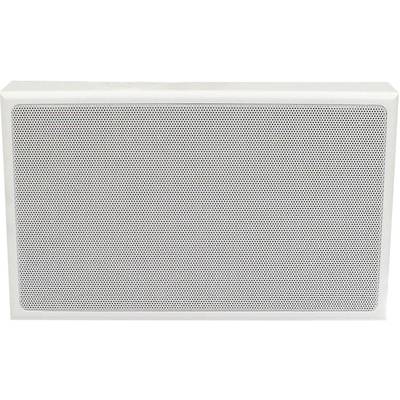 A rectangular speaker with a white casing and a fine-mesh grille on the front.