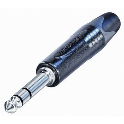 A black audio jack plug with a silver tip and blue accents, suitable for headphones or audio devices.