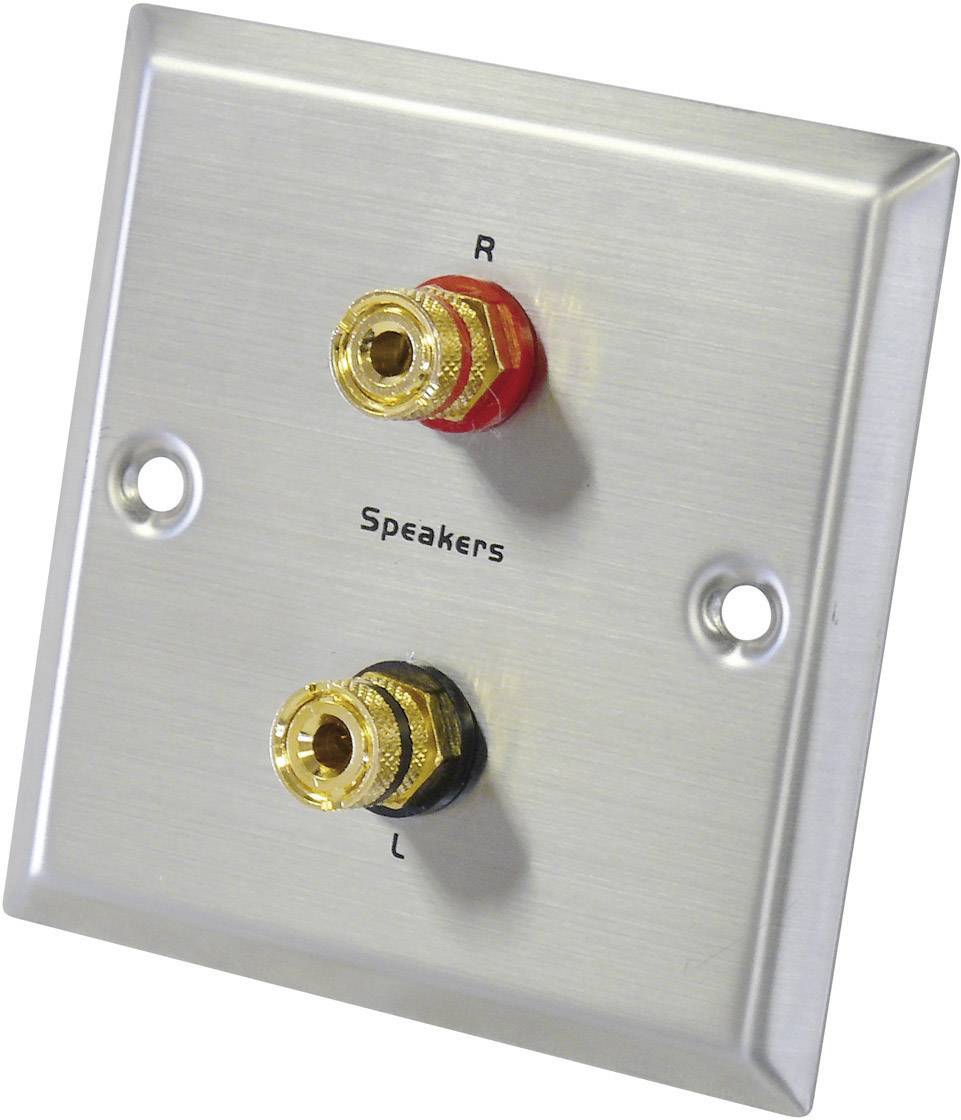 Metal plate with two speaker terminals, a red 'R' for right and a black 'L' for left.