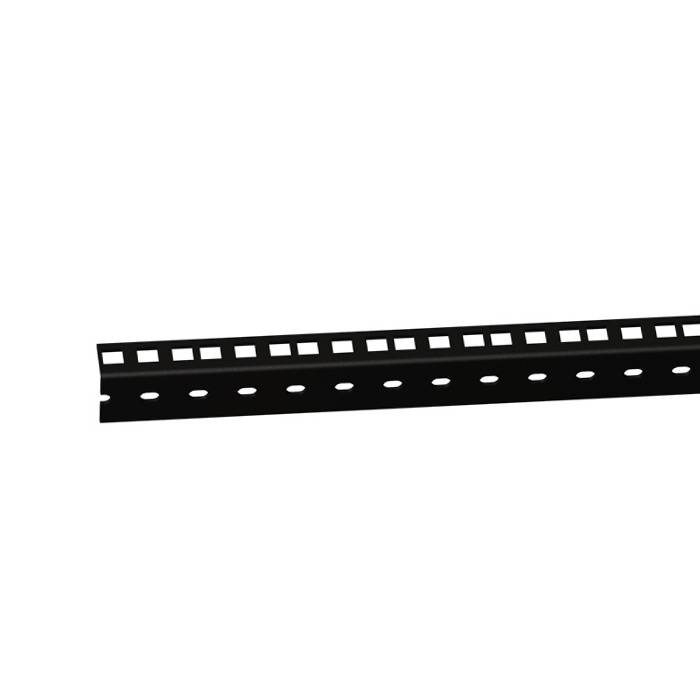 A black metal profile with holes, which could be used for construction or assembly purposes, against a white background.