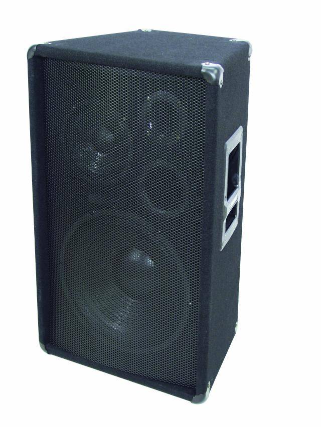A black loudspeaker with a metal protective grille, three visible speaker units, and carry handles on the sides.