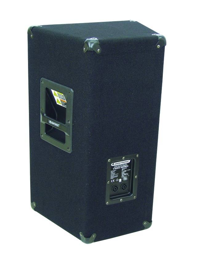 A black loudspeaker enclosure in a rectangular shape with metal edges and various connections on the rear panel.