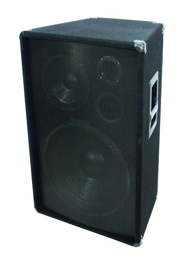 Black speaker with metal grille cover and carrying handles on the sides; shows two large and one smaller speaker chassis.