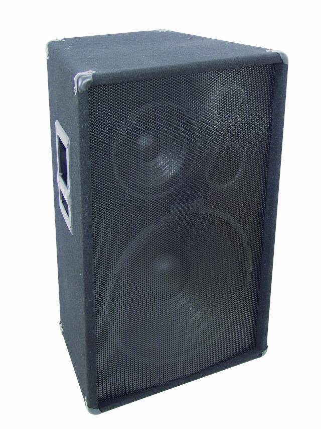 Black loudspeaker with a rectangular enclosure, with three speaker membranes of different sizes visible on the front.
