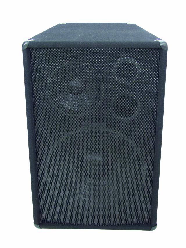 A black speaker with three visible speaker drivers of different sizes on the front.