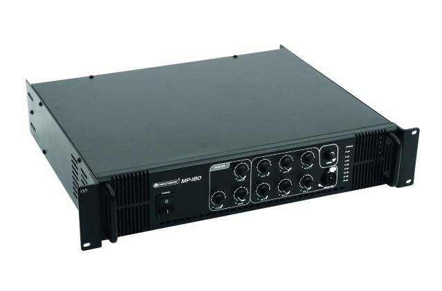 A black amplifier with multiple connections on the front panel, suitable for mounting in an audio rack.
