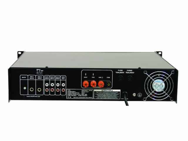 Back of an audio amplifier with connections for input and speakers, as well as power connection and cooling fan.