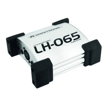 A silver DI box by Omnitronic, model LH-065, with rubber corners for protection. It features XLR connections on the side.