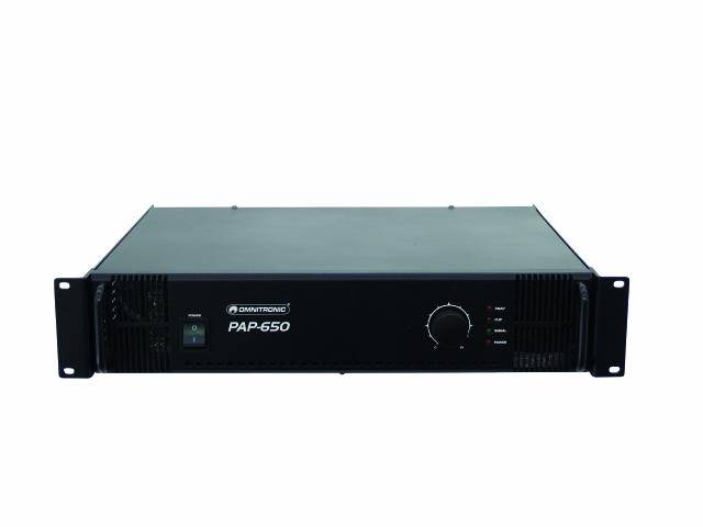 Black amplifier in rack format, model 'Omnitronic PAP-650', with large volume control and power on/off switch on the front panel.