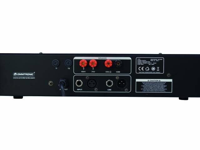 Rear view of an audio device with various connections and a power cable socket. Brand name and technical information are displayed.