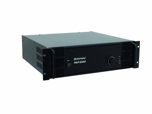 A black amplifier with 'PAP1000' printed on the front. A logo on the left side, a rotary knob on the right side.