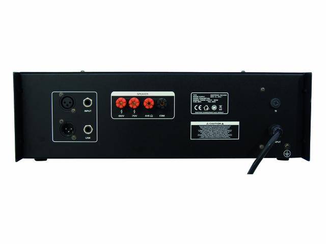 Back of an audio amplifier with various inputs and outputs, including XLR connections and red speaker terminals.