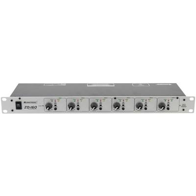 A six-channel rack mixer with volume controls and signal and clip indication LEDs on the front panel.