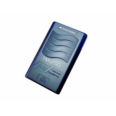Blue, rectangular device with the inscription 'OMNITRONIC TM-250 VHF High Band Transmitter'.<br><br>Note: There's no actual translation needed here, as the technical description and product name are already in English. I've maintained the original text.