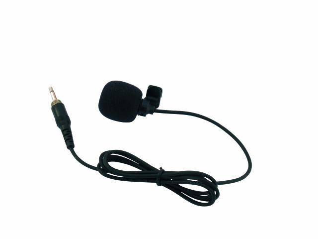 A small lapel microphone with windscreen, cable and 3.5mm jack plug, suitable for voice recordings.