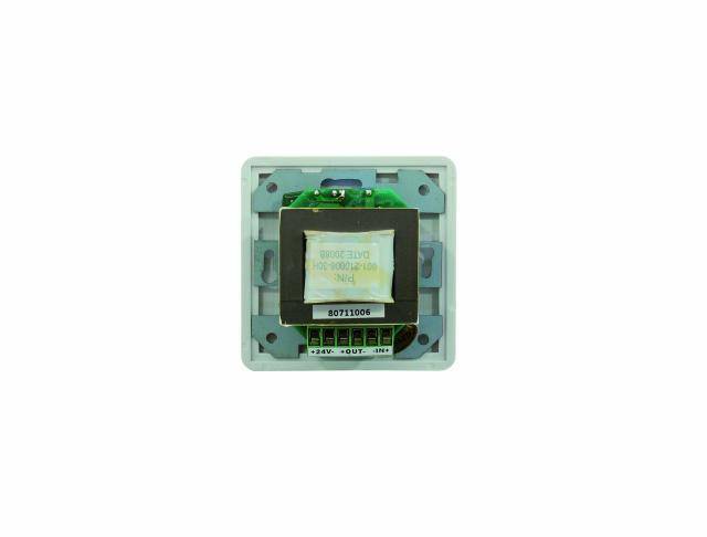 Small transformer: square casing, green printed circuit board, black winding core, white paper labelling on the top surface.