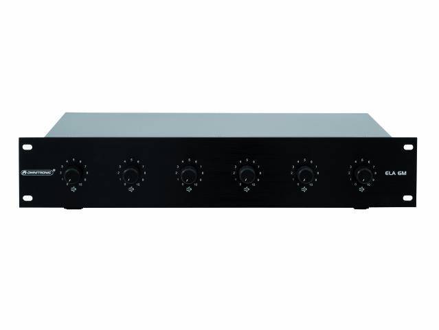 A black audio amplifier with six rotary knobs on the front.