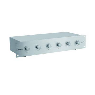 A grey audio amplifier with five rotary knobs for volume control.