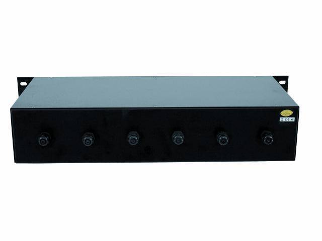 Black rack panel with six front-facing sockets, likely for audio cables, designed for mounting in a server or audio enclosure.