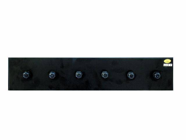 Black metal rail with six evenly spaced hooks on the front, mounted on a wall.