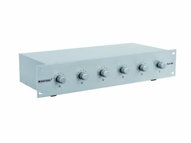 A grey audio device with five rotary knobs, each marked with numbers from 1 to 5, on a front panel.