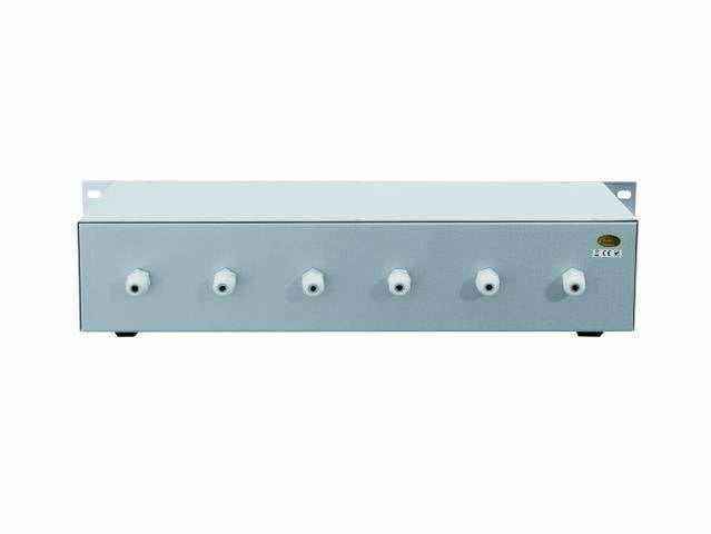 A grey 1U 19-inch rack-mount enclosure with six white switches on the front panel.