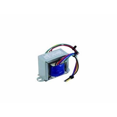 A transformer with colourful wires is depicted on a white surface. The metal frame contains the coil.