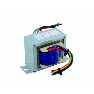 Transformer with a metal casing and cables in various colours. Primary function: converting electrical voltage.