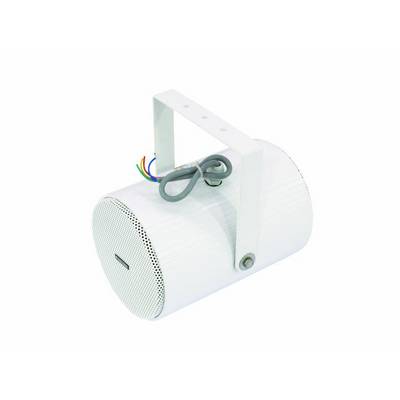 A white, cylindrical speaker with mounting bracket and exposed cables for installation. Ideal for ceiling mountings.