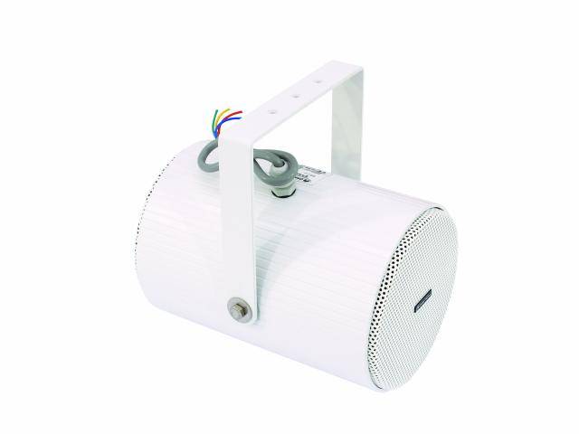 A white, cylindrical loudspeaker with a carrying handle and exposed cables, suitable for ceiling mounting in indoor spaces.