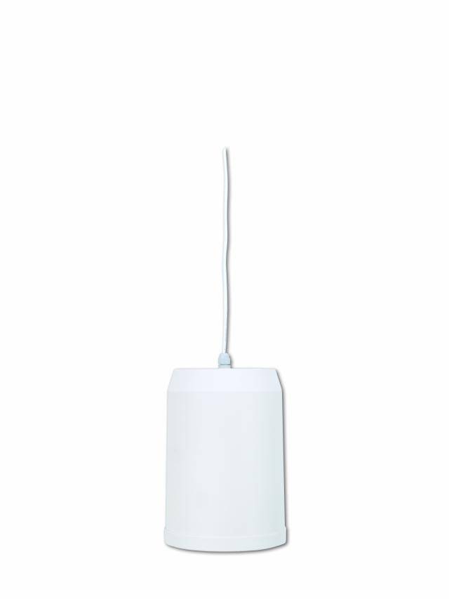 White, cylindrical pendant lamp with a slender cable, against a neutral background. No additional details visible.