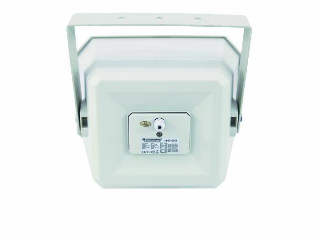 A white, square LED light with a mounting bracket. A label on the back with technical details. Lighting device for indoor or outdoor use.