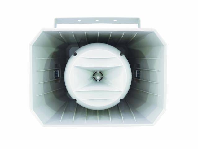 Speaker shown from the front, rectangular with a round speaker grille in the centre, suitable for outdoor sound reinforcement.