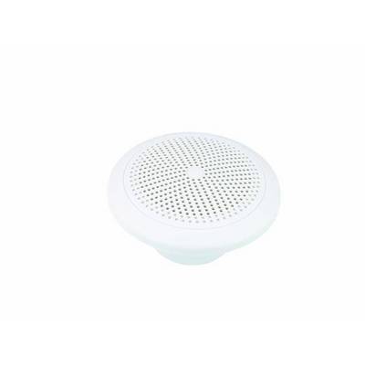 A round, white speaker with a perforated grille.