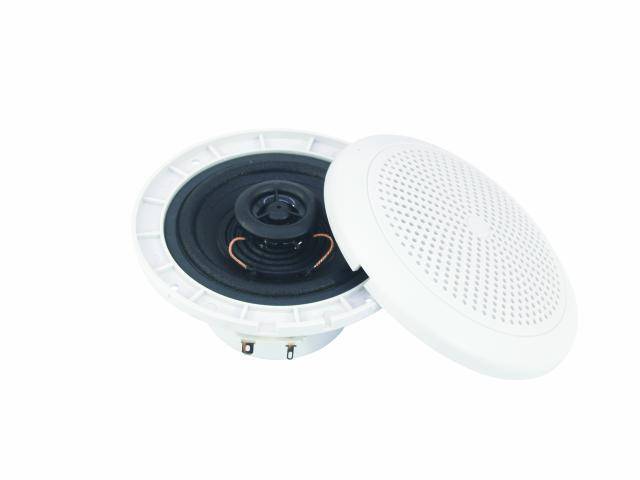 A white ceiling speaker with its cover removed reveals its internal components.