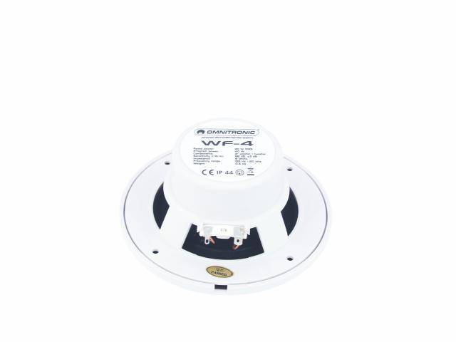 Round loudspeaker in a white housing with manufacturer label on the top surface, suitable for ceiling mounting in indoor spaces.