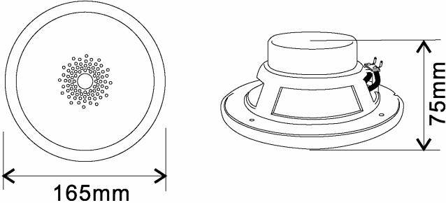 Diagram of a loudspeaker from above and from the side, with dimensions of '165 mm' diameter and '75 mm' height.