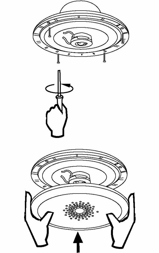 Diagram shows two steps for mounting a ceiling fan: 1. Hand turns rotary knob. 2. Two hands insert cover with screws.